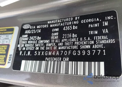 2015 Kia Optima Lx from USA, damaged, VIN 5XXGM4A70FG393771